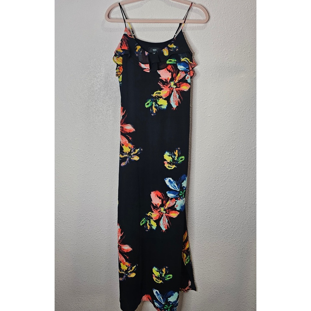 Vtg Mossimo Y2K Dress Womens M Black Floral Ruffle Sleeveless Sundress Maxi